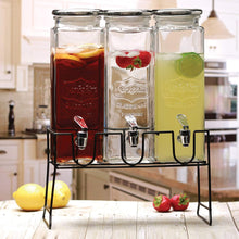 Load image into Gallery viewer, Triple Tall Beverage Dispensers with Chalkboard Lids &amp; Metal Stand
