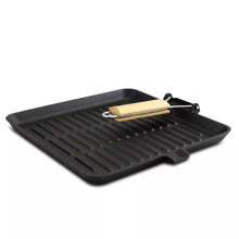 Load image into Gallery viewer, Seasoned 11&quot; Cast Iron Grill Pan with Foldable Wooden Handle
