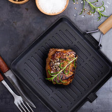 Load image into Gallery viewer, Seasoned 11&quot; Cast Iron Grill Pan with Foldable Wooden Handle
