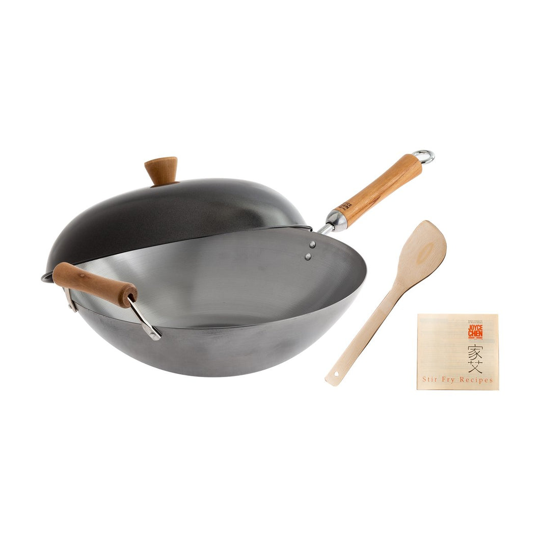 Uncoated Carbon Steel Wok Set with Lid and Birch Handles