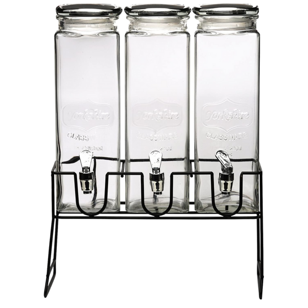 Triple Tall Beverage Dispensers with Chalkboard Lids & Metal Stand